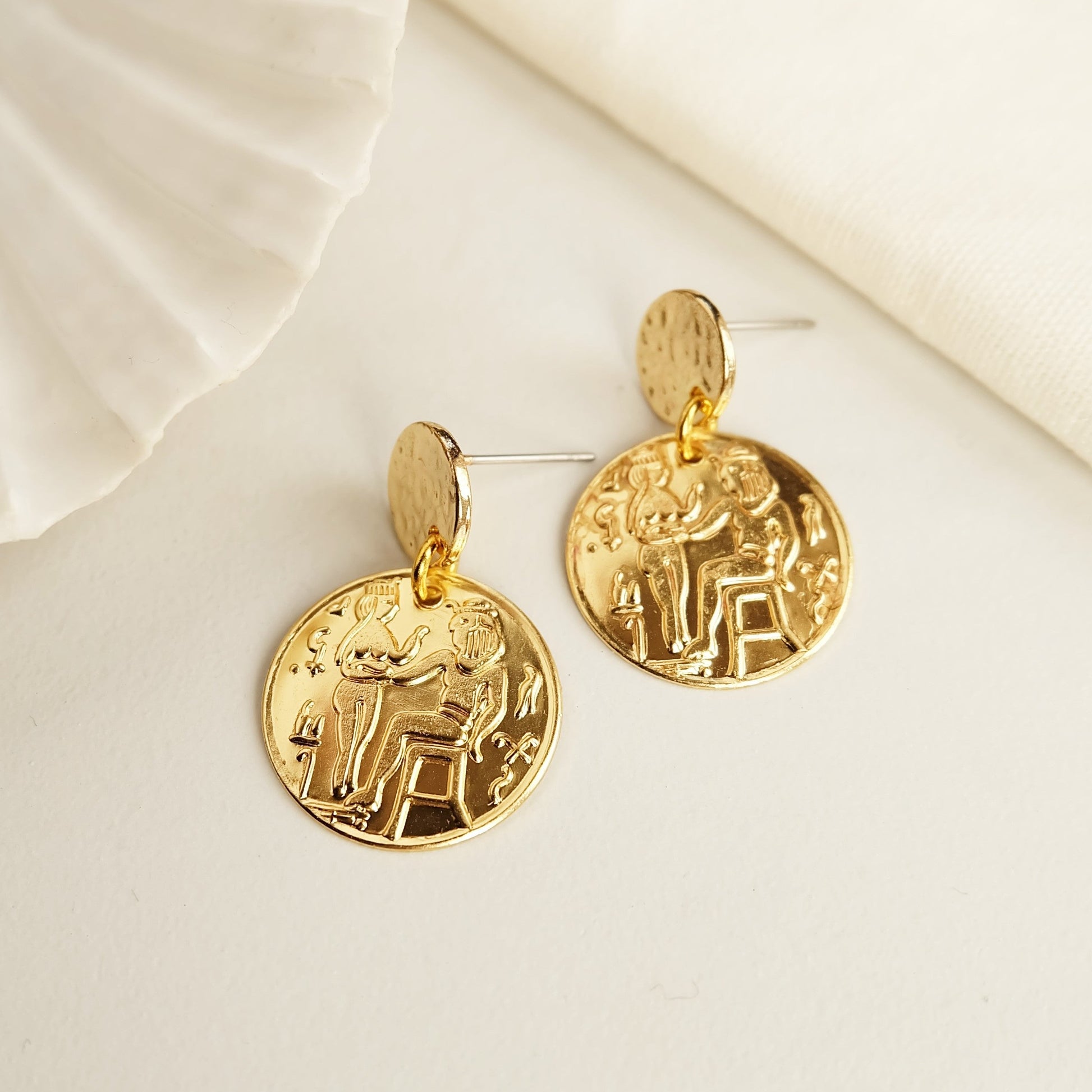 Egyptian Coin Earrings, gold statement earrings