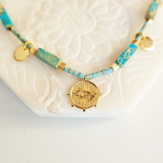 Evil Eye Beaded Necklace, turquoise gemstone necklace