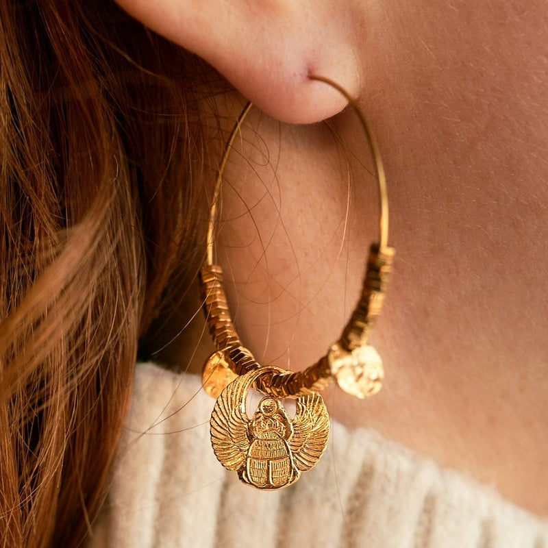 Sacred Scarab Earrings, egyptian gold filled hoops, beaded hoop earrings